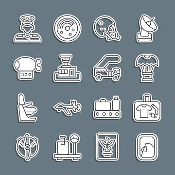 Set line Airplane window, Suitcase, Box flying on parachute, Modern pilot helmet Illustrazione stock