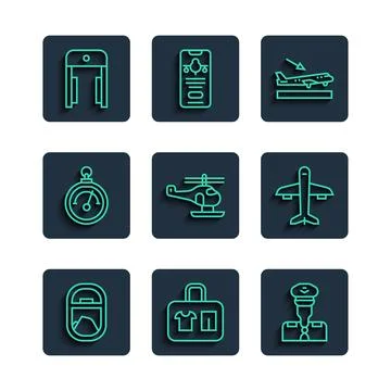 Set line Airplane window, Suitcase, Pilot, Plane landing, Helicopter, Barom.. Stock Illustration