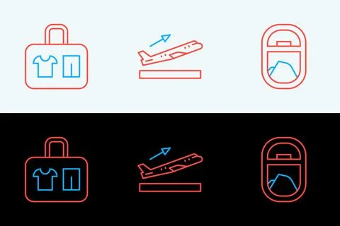 Set line Airplane window, Suitcase and Plane takeoff icon. Vector Stock Illustration