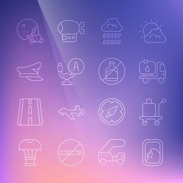 Set line Airplane window, Trolley baggage, Fuel tanker truck, Cloud with rain Illustrazione stock