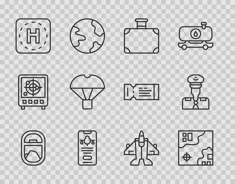 Set line Airplane window, World travel map, Suitcase, Mobile with ticket, Hel 스톡 일러스트