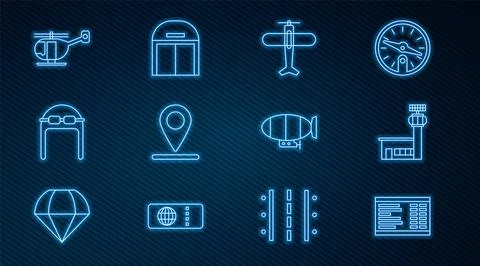 Set line Airport board, control tower, Plane, Location, Aviator hat with go.. Stock Illustration