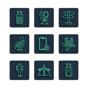 Set line Airport control tower, Plane, Suitcase, Road traffic sign, No cell p Illustration
