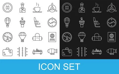 Set line Airship, Passport, Compass, Coffee cup, Radar, Hot air balloon イラスト素材
