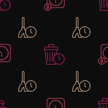 Set line Alarm clock app mobile, Cleaning time and Waste of on seamless pattern Stock Illustration