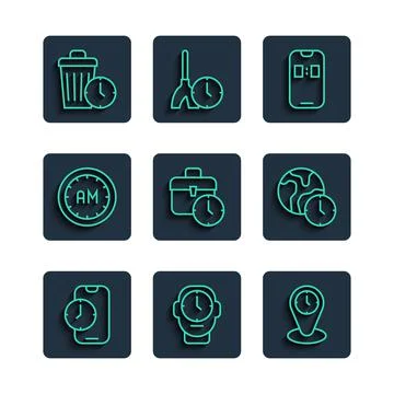 Set line Alarm clock app mobile, Clock, Time zone clocks, Work time, Morning Stock Illustration