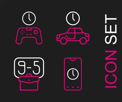Set line Alarm clock app mobile, From 9, Time to travel and Gamepad of time i イラスト素材