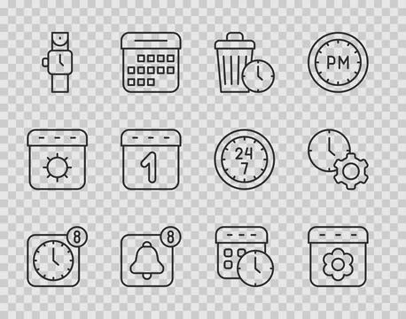 Set line Alarm clock app mobile, Calendar spring, Waste of time, Wrist watch, Illustrazione stock
