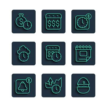 Set line Alarm clock app mobile, Stocks market growth graphs, Kitchen timer Stock Illustration