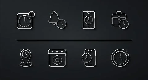 Set line Alarm clock app mobile, Time zone clocks, Work time, Calendar spring Stock Illustration