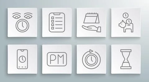 Set line Alarm clock app mobile, To do list or planning, Day time, Clock wi.. Stock Illustration