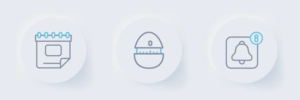 Set line Alarm clock app mobile, Kitchen timer and Calendar icon. Vector Stock Illustration