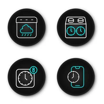Set line Alarm clock app mobile, Time chess and Calendar autumn icon. Vector Stock Illustration