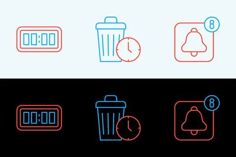 Set line Alarm clock app mobile, Digital alarm and Waste of time icon. Vector Illustrazione stock