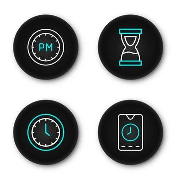 Set line Alarm clock app mobile, Clock, Old hourglass and Day time icon. Vect Stockillustratie