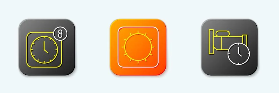 Set line Alarm clock app mobile, Sun and Time to sleep icon. Vector Stock Illustration