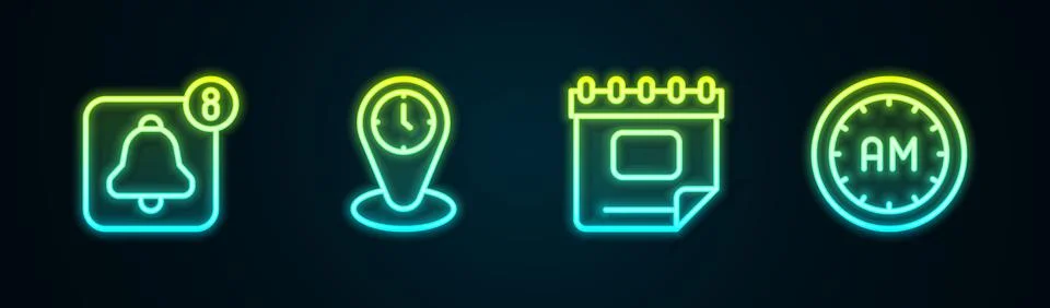 Set line Alarm clock app mobile, Time zone clocks, Calendar and Morning tim.. Illustrazione stock