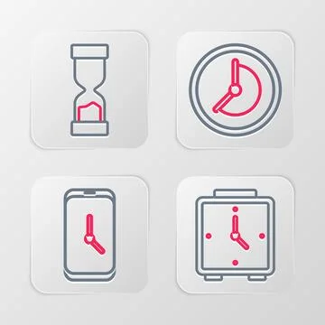 Set line Alarm clock, app mobile, Clock and Old hourglass icon. Vector Stock Illustration