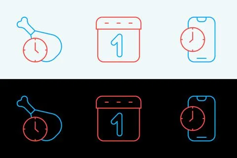 Set line Alarm clock app mobile, Food time and Calendar icon. Vector Illustrazione stock