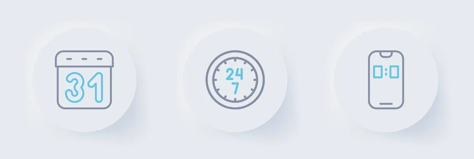 Set line Alarm clock app mobile, Clock 24 hours and Calendar icon. Vector Stock Illustration