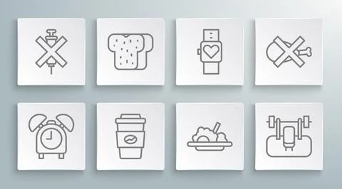 Set line Alarm clock, Bread toast, Coffee cup go, Healthy food, Bench with イラスト素材