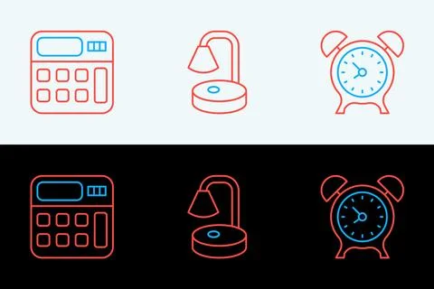 Set line Alarm clock, Calculator and Table lamp icon. Vector Stock Illustration