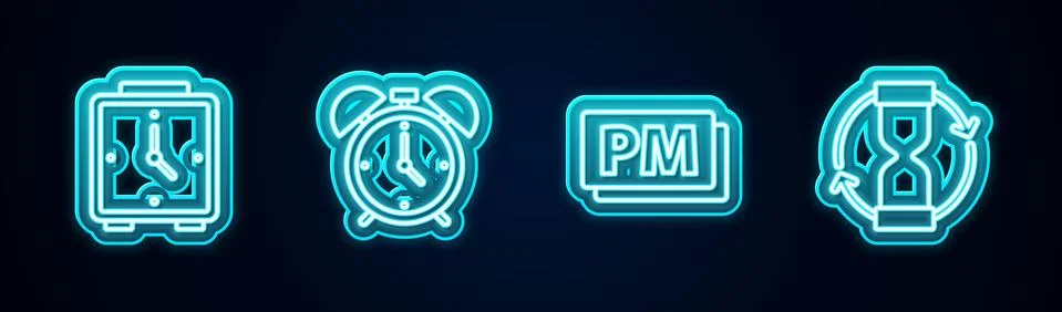 Set line Alarm clock, , Clock PM and Old hourglass. Glowing neon icon. Vector Stock Illustration