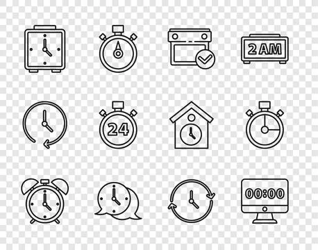 Set line Alarm clock, Clock on monitor, Calendar with check mark, speech bubble Stock Illustration