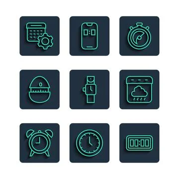 Set line Alarm clock, Clock, Digital alarm, Stopwatch, Wrist, Kitchen timer Stock Illustration
