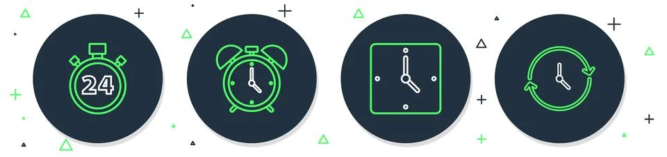 Set line Alarm clock, Clock, Stopwatch 24 hours and  icon. Vector Stock Illustration