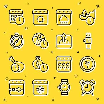 Set line Alarm clock, Clock 24 hours, Wrist watch, Calendar autumn, World t.. Stock Illustration