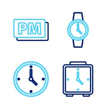 Set line Alarm clock, Clock, Wrist watch and PM icon. Vector Stock Illustration