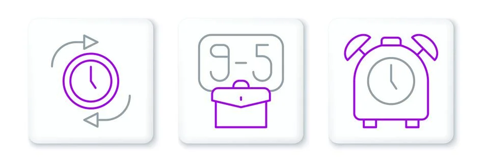 Set line Alarm clock, Clock with arrow and From 9 icon. Vector Stock Illustration
