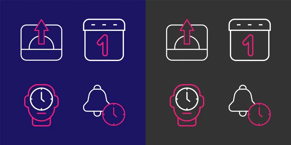 Set line Alarm clock, Clock, Calendar and Sunrise icon. Vector Stock-Illustration