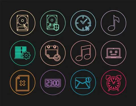 Set line Alarm clock, Dead laptop, Clock 24 hours, Calendar with check mark Illustrazione stock