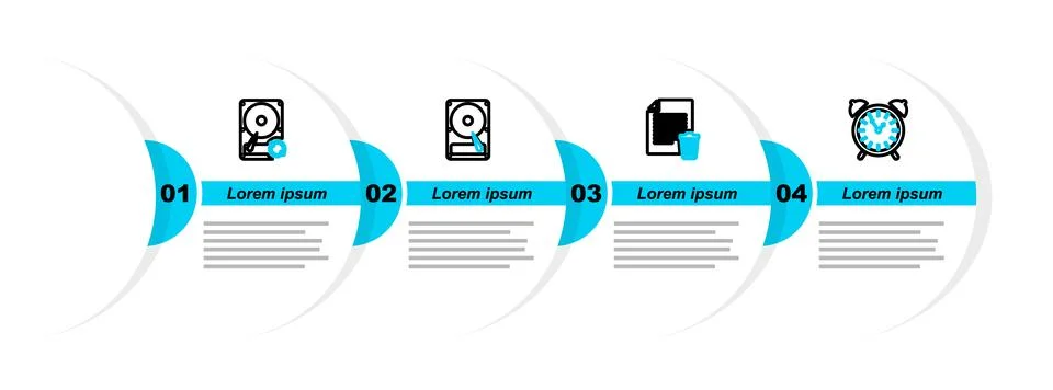 Set line Alarm clock, Delete file document, Hard disk drive HDD and sync re.. Stock Illustration