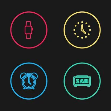 Set line Alarm clock, Digital alarm, Clock and Smartwatch icon. Vector Stock Illustration