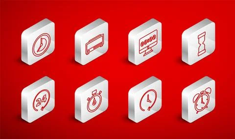Set line Alarm clock, Digital alarm, Clock on monitor, Old hourglass, Stopwatch Illustrazione stock