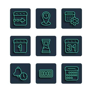 Set line Alarm clock, Digital alarm, Calendar, settings, Old hourglass, Time  Stock Illustration