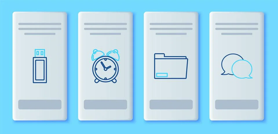 Set line Alarm clock, Document folder, USB flash drive and Speech bubble chat Stock Illustration