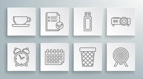 Set line Alarm clock, Document and check mark, Calendar, Trash can, Target, USB Illustrazione stock