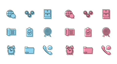 Set line Alarm clock, Document folder, World map made from speech bubble, T.. Stock Illustration