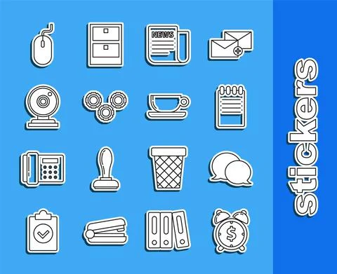 Set line Alarm clock with dollar symbol, Speech bubble chat, Notebook, News Stock Illustration