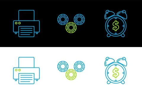Set line Alarm clock with dollar symbol, Printer and Gear icon. Vector Stock Illustration