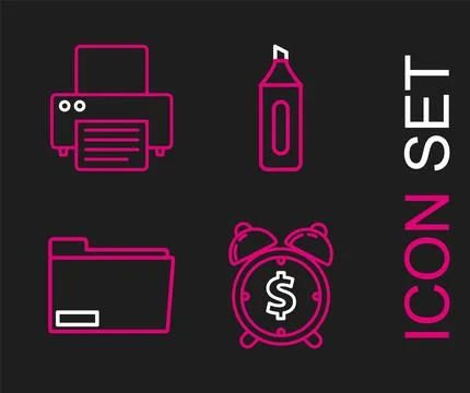 Set line Alarm clock with dollar symbol, Document folder, Marker pen and Pr.. Illustrazione stock