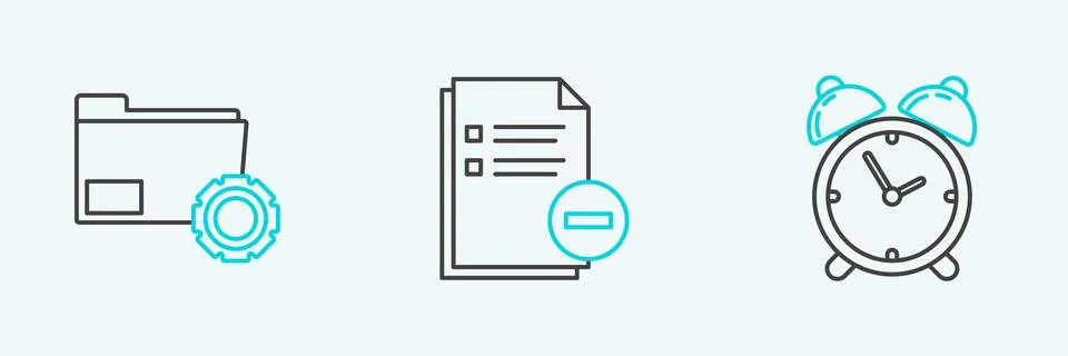 Set line Alarm clock, Folder settings with gears and Document minus icon. Vector Stock Illustration