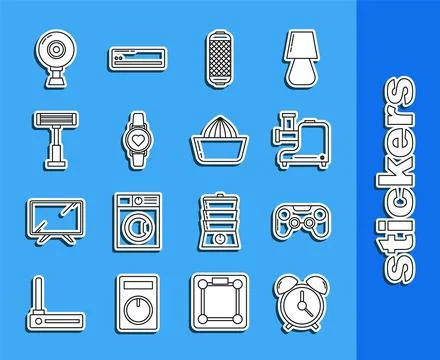 Set line Alarm clock, Gamepad, Kitchen meat grinder, Stereo speaker, Smart watch Stock Illustration