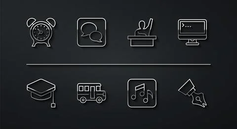 Set line Alarm clock, Graduation cap, Computer monitor, Music note, tone, School Stockillustratie
