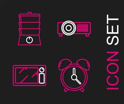Set line Alarm clock, Microwave oven,  and Double boiler icon. Vector Stock Illustration