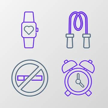Set line Alarm clock, No Smoking, Jump rope and Smart watch icon. Vector Stock Illustration